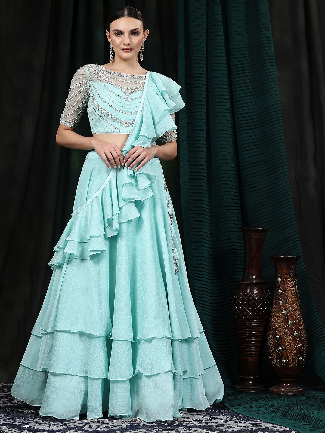 

Phenav Embellished Beads & Stones Ready to Wear Lehenga & Blouse With Dupatta, Blue