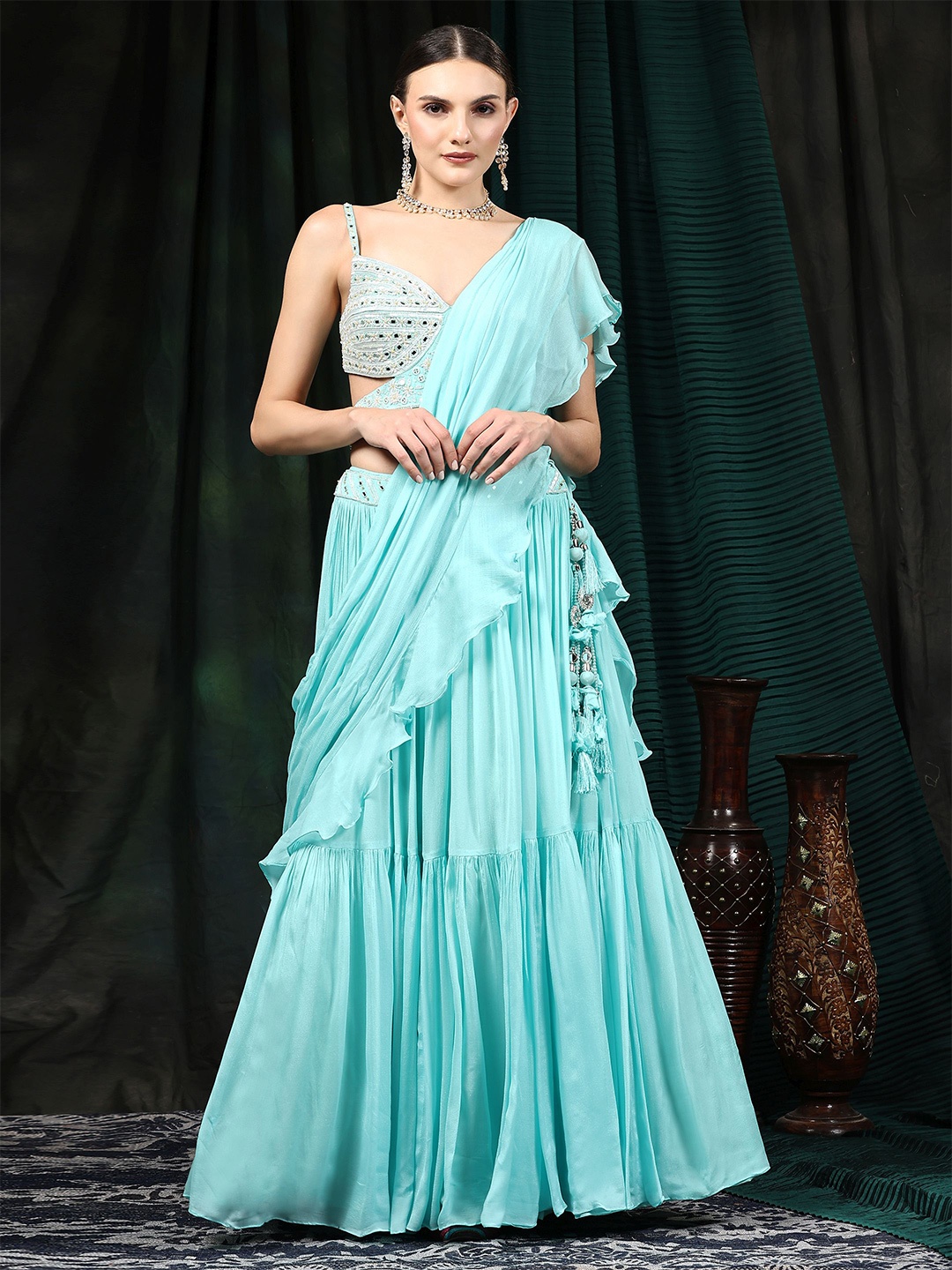 

Phenav Embroidered Beads and Stones Ready to Wear Lehenga & Blouse With Dupatta, Blue