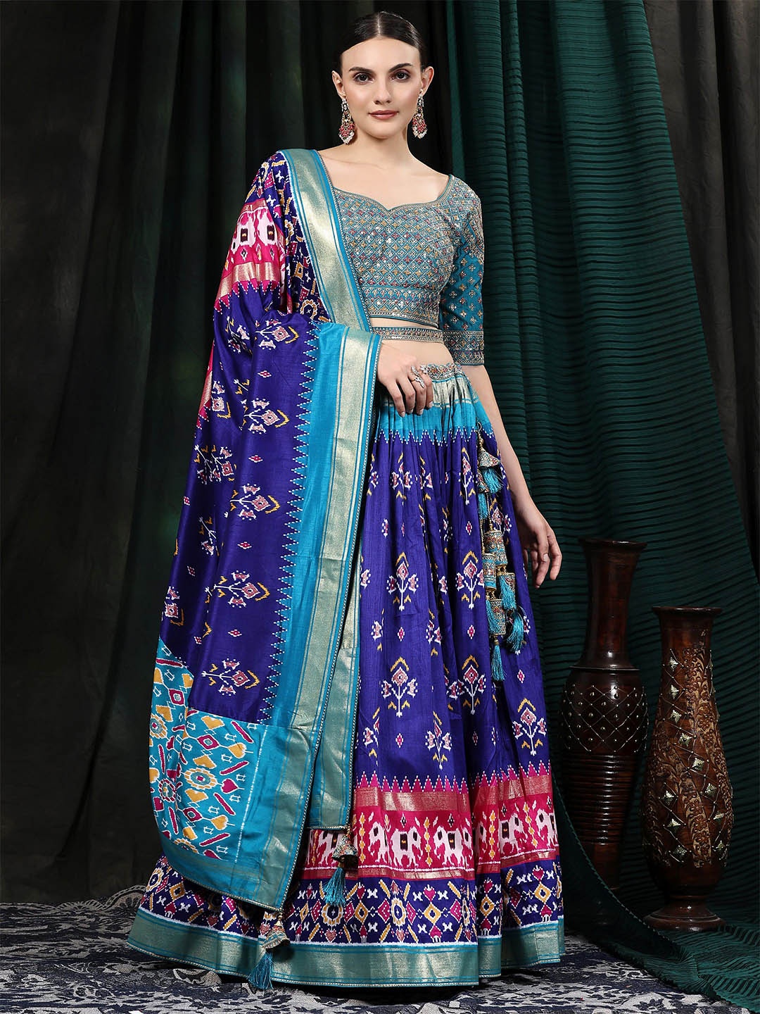 

Phenav Embroidered Thread Work Ready to Wear Lehenga & Blouse With Dupatta, Blue