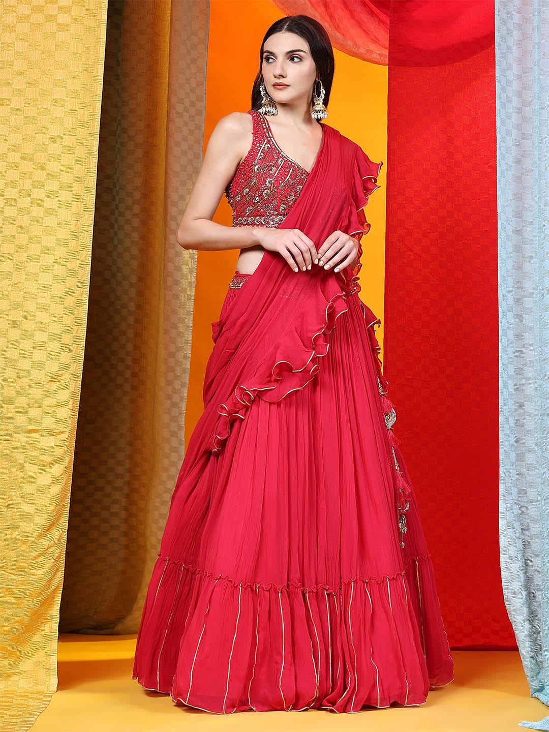 

Phenav Embellished Sequinned Ready to Wear Lehenga & Blouse With Dupatta, Red