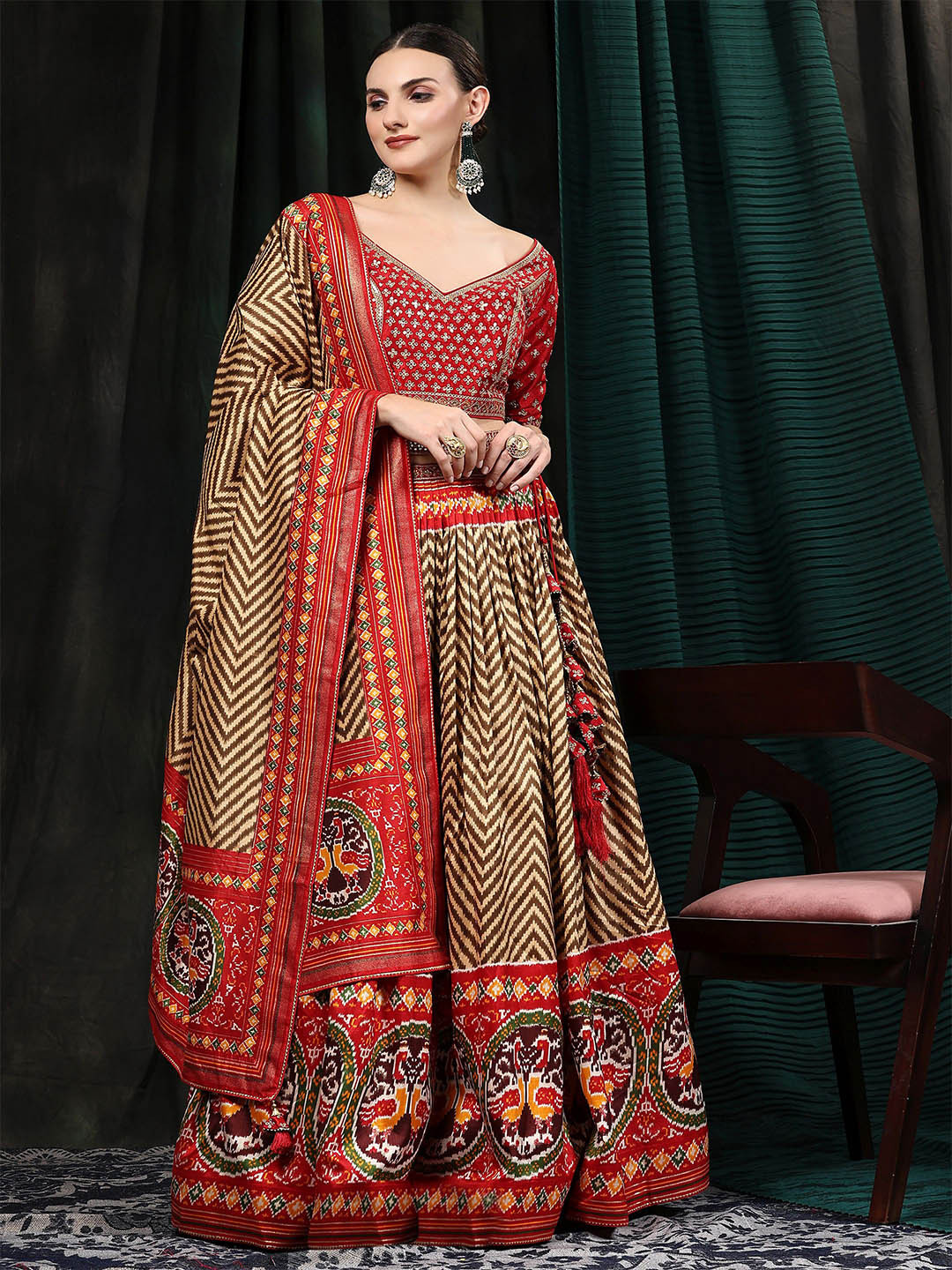 

Phenav Embellished Mirror Work Ready to Wear Lehenga & Blouse With Dupatta, Red