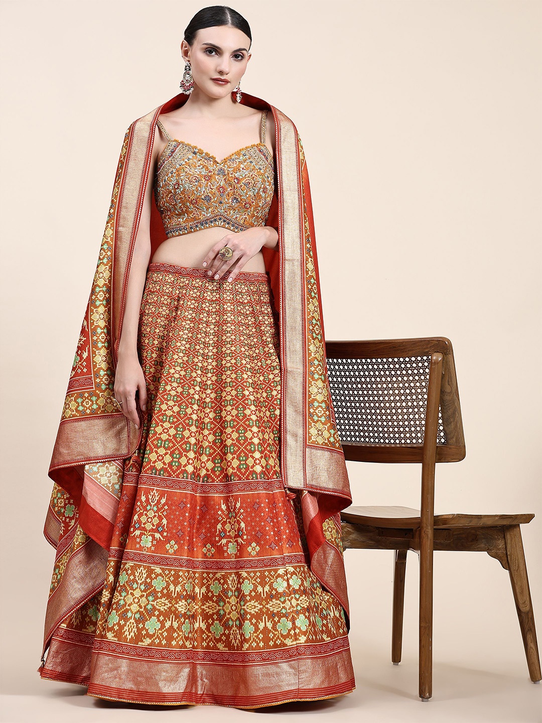 

Phenav Embroidered Thread Work Ready to Wear Lehenga & Blouse With Dupatta, Red