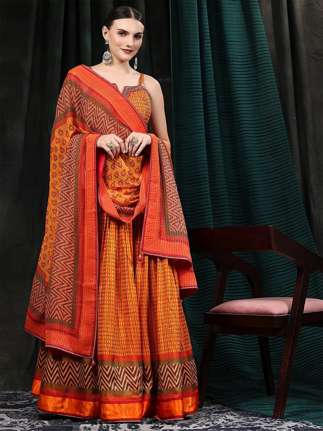 

Phenav Printed Ready to Wear Lehenga & Blouse With Dupatta, Yellow