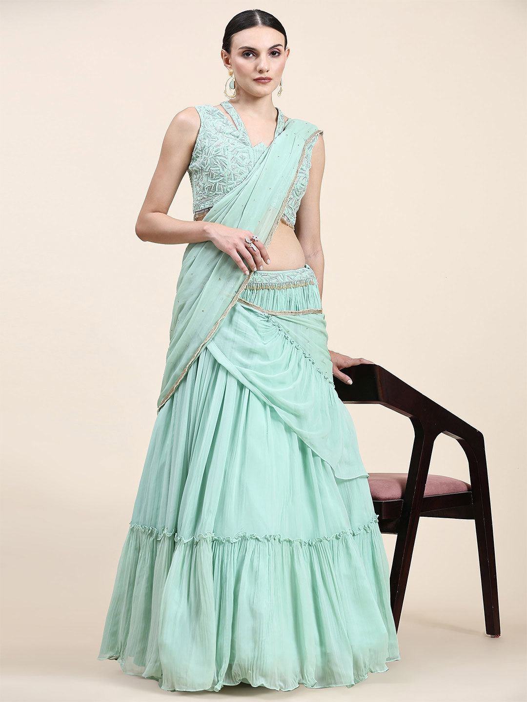 

Phenav Embroidered Beads & Stones Ready to Wear Lehenga & Blouse With Dupatta, Green