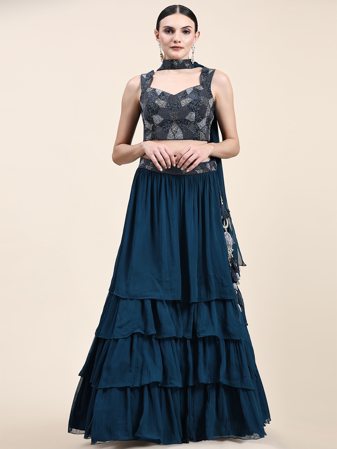 

Phenav Embellished Beads and Stones Ready to Wear Lehenga & Blouse With Dupatta, Teal
