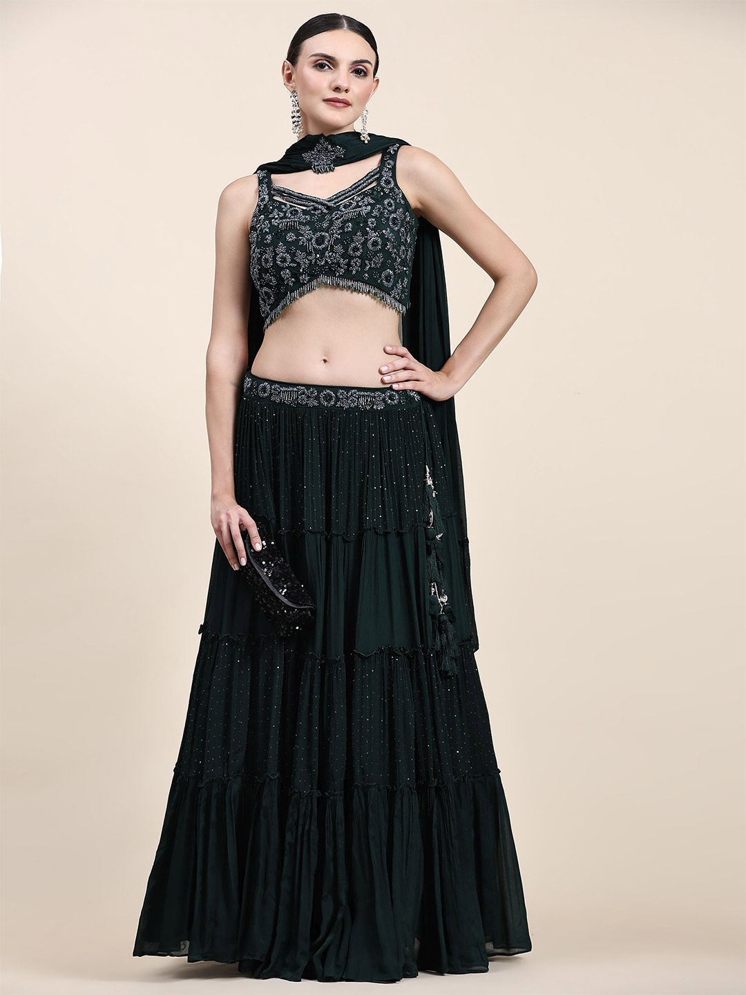 

Phenav Embroidered Beads and Stones Ready to Wear Lehenga & Blouse With Dupatta, Green