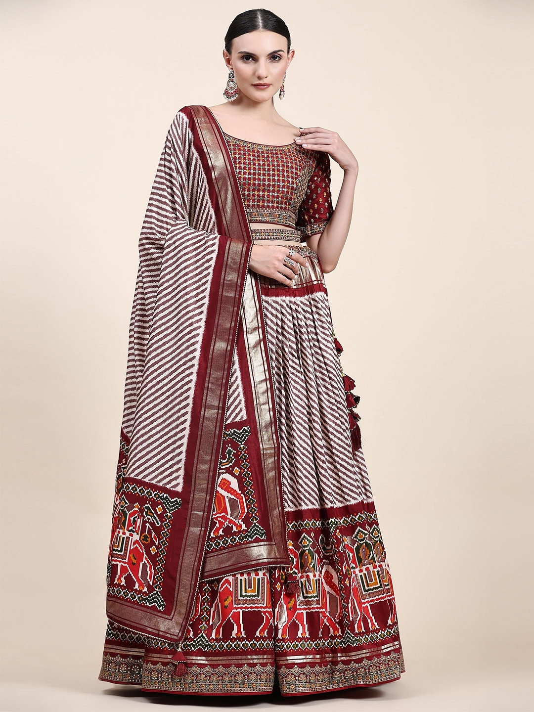 

Phenav Embroidered Sequinned Ready to Wear Lehenga & Blouse With Dupatta, Maroon