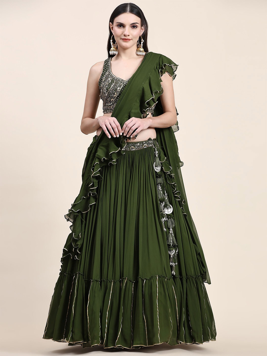 

Phenav Green Embroidered Beads & Stones Ready to Wear Lehenga & Blouse With Dupatta