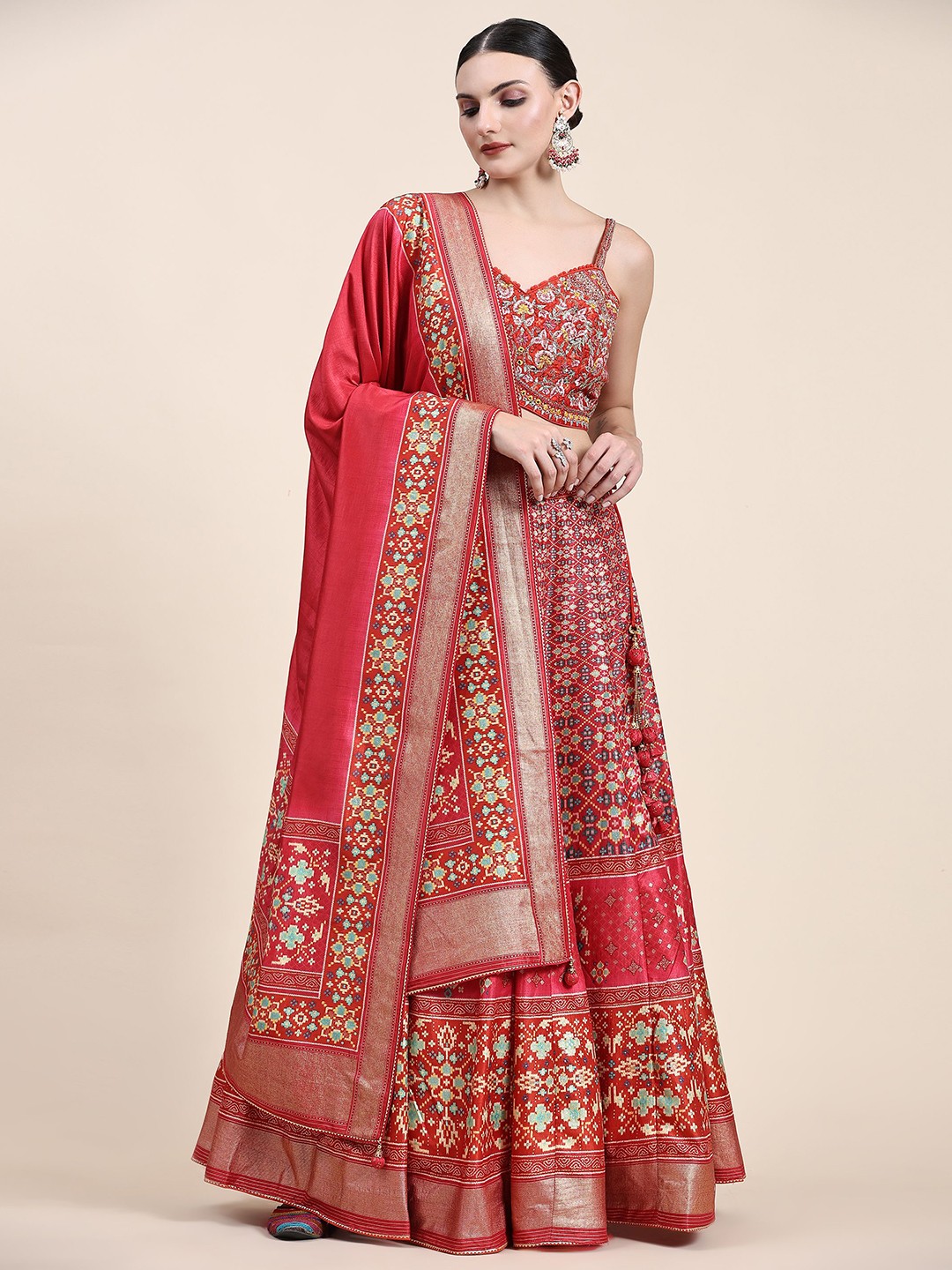 

Phenav Embroidered Beads and Stones Ready to Wear Lehenga & Blouse With Dupatta, Red