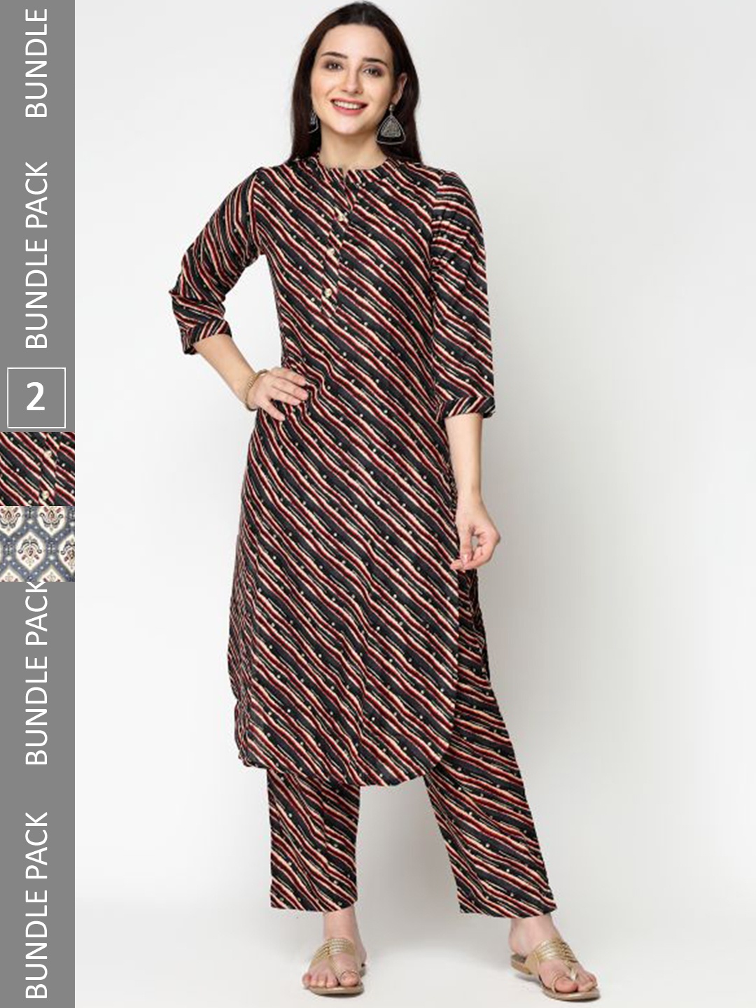 

KALINI Pack Of 2 Striped Regular Pure Cotton Kurta With Trousers, Grey