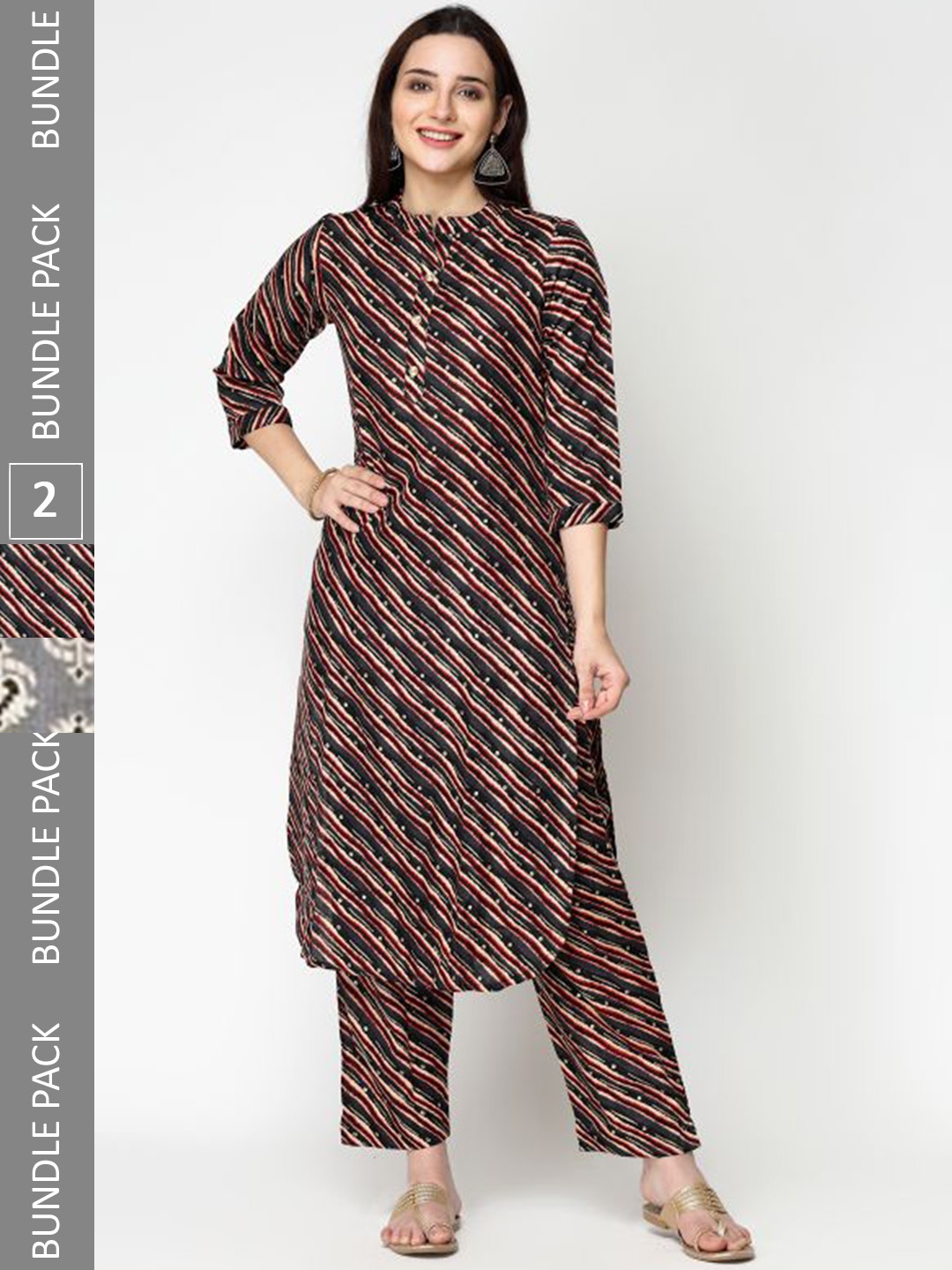 

KALINI Pack of 2 Ethnic Printed Pure Cotton Kurta with Trousers, Black