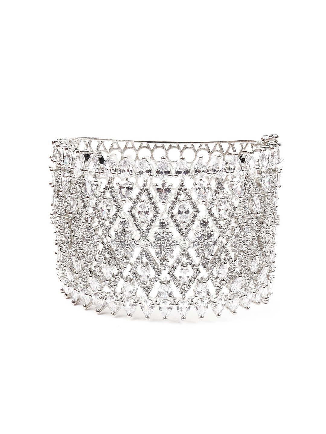 

ODETTE Rhodium-Plated Stone Studded Cuff Bracelet, Silver