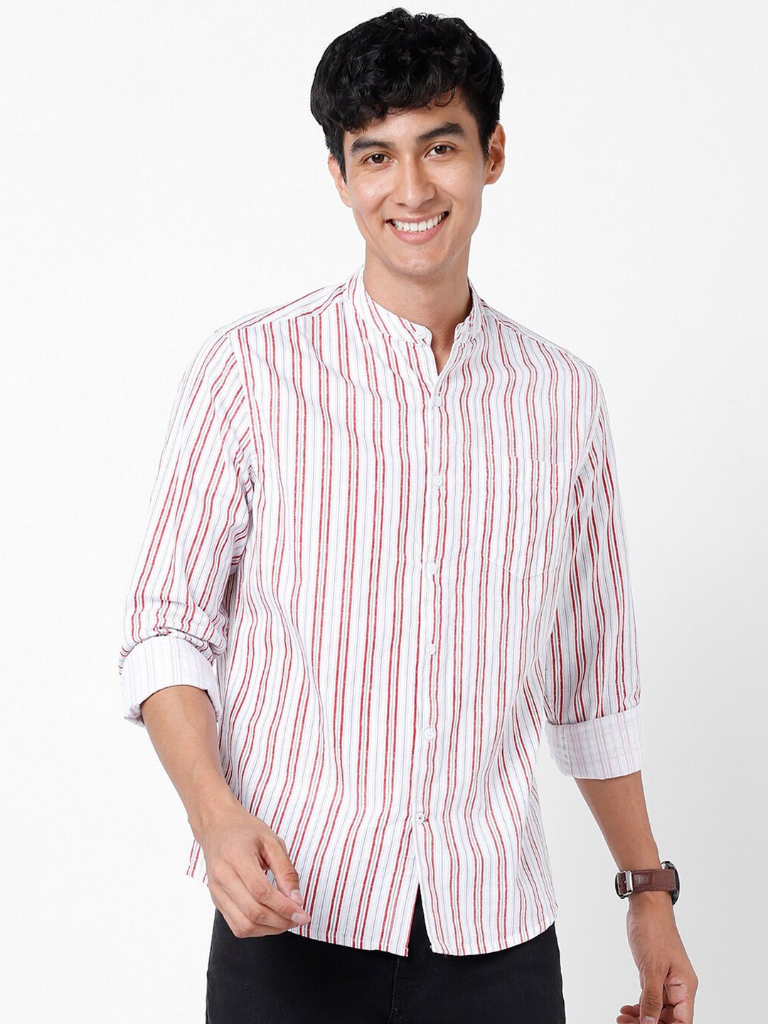 

VASTRADO Vertical Striped Band Collar Cotton Casual Shirt, White