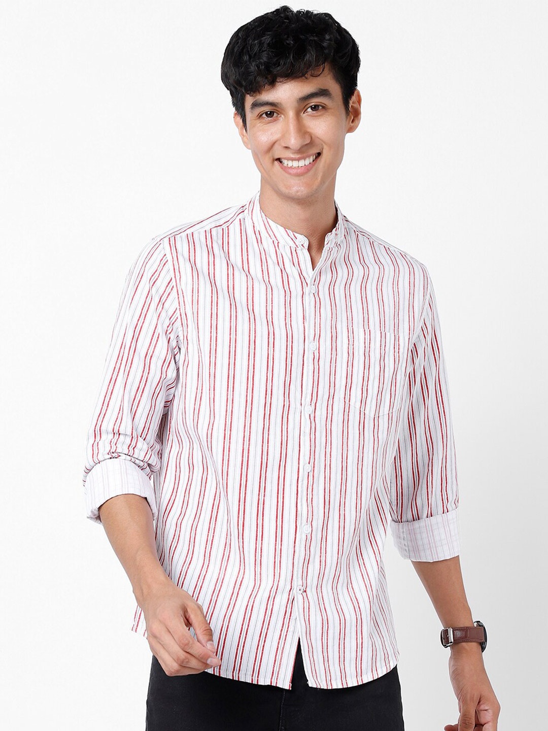 

VASTRADO Vertical Striped Band Collar Cotton Casual Shirt, White