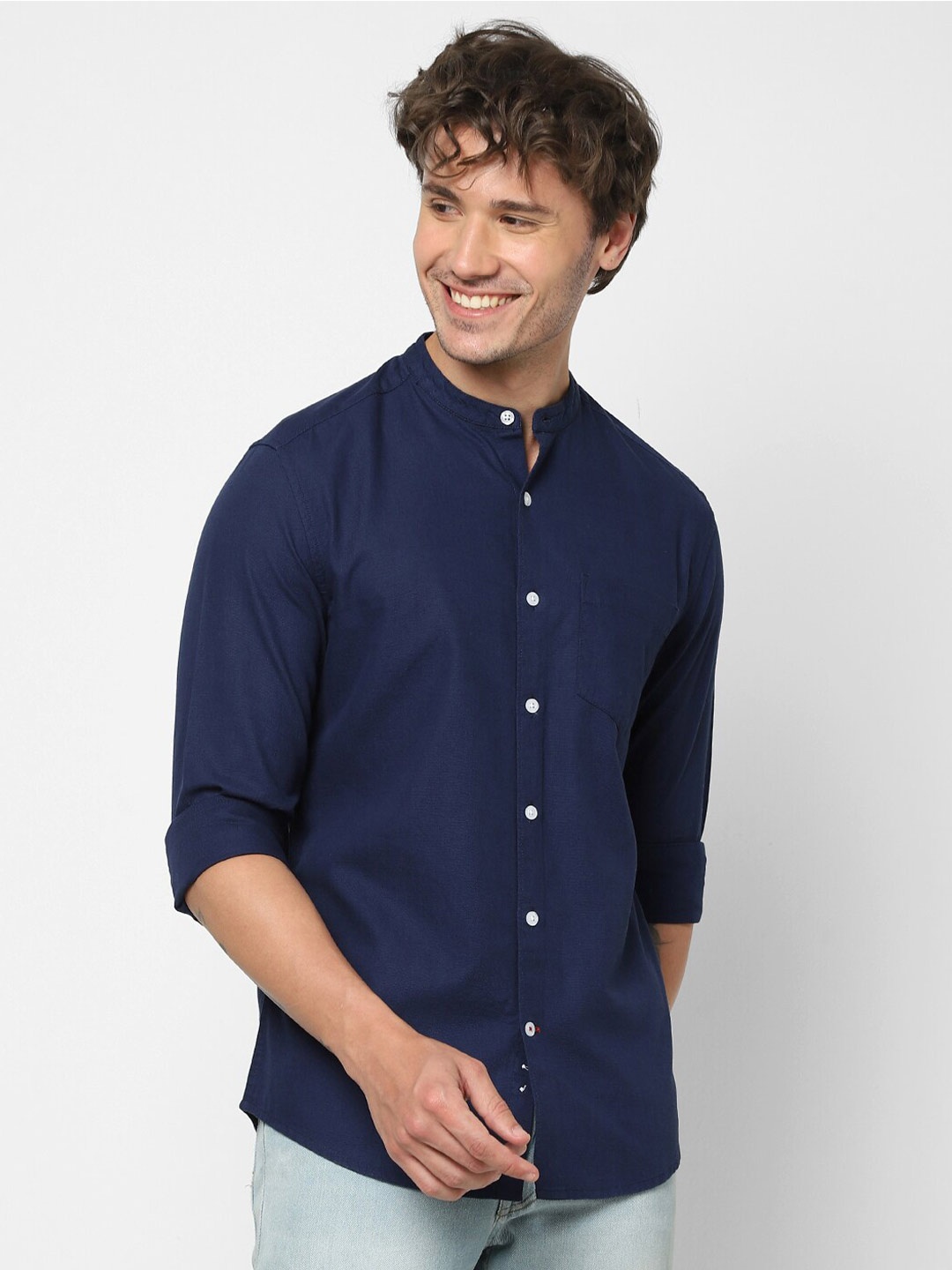 

VASTRADO Band Collar Cotton Casual Shirt, Navy blue