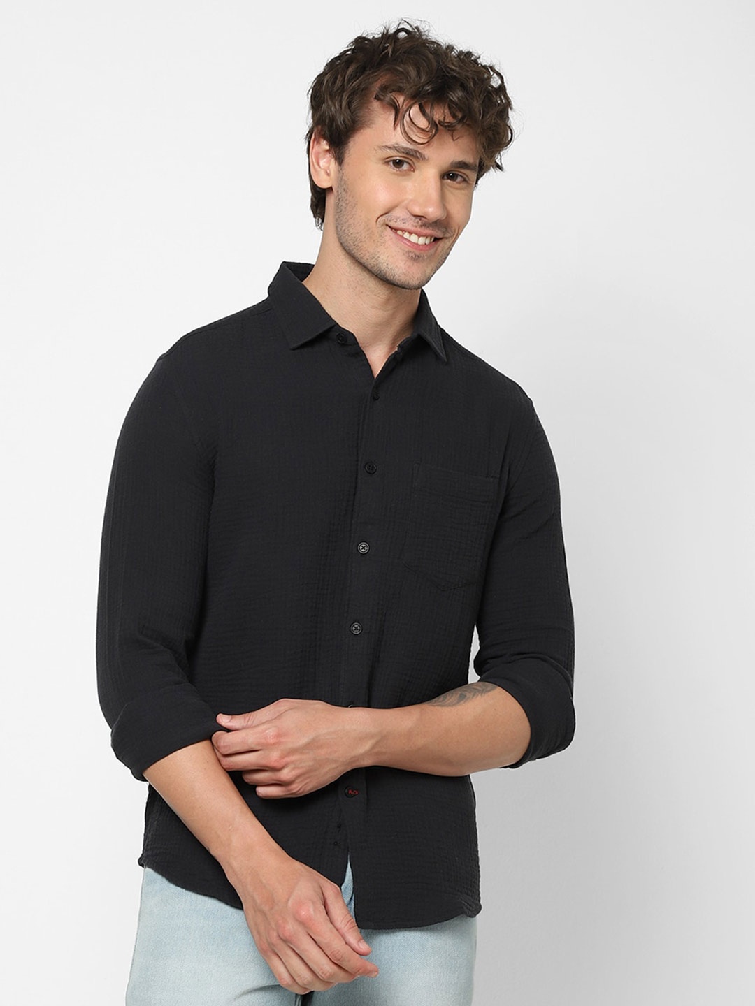 

VASTRADO Spread Collar Cotton Casual Shirt, Black