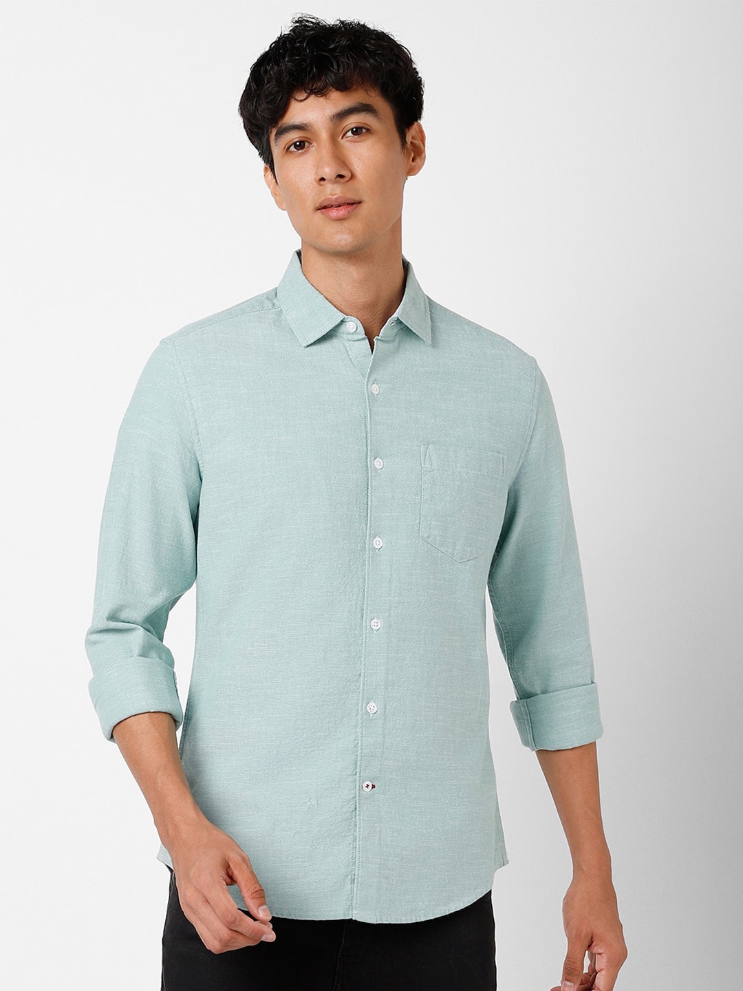 

VASTRADO Textured Self Design Cotton Casual Shirt, Green
