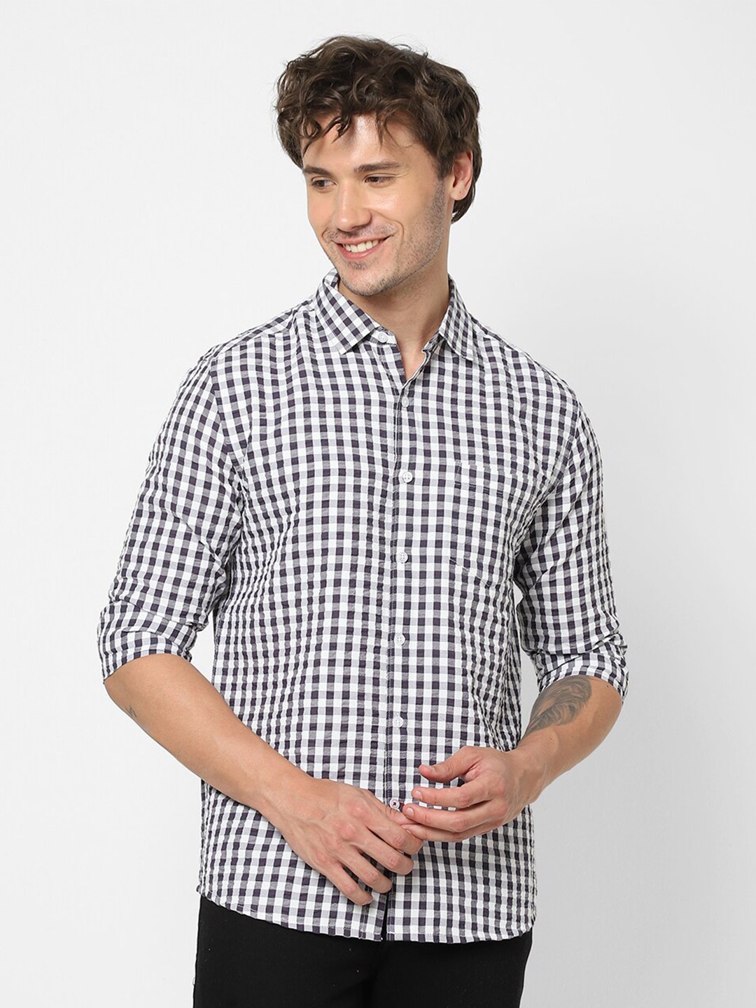 

VASTRADO Gingham Checked Cotton Casual Shirt, White