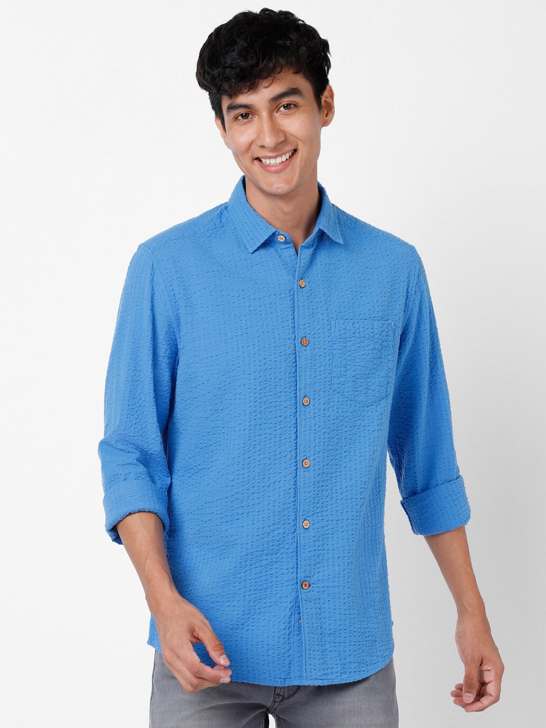 

VASTRADO Textured Self Design Cotton Casual Shirt, Blue