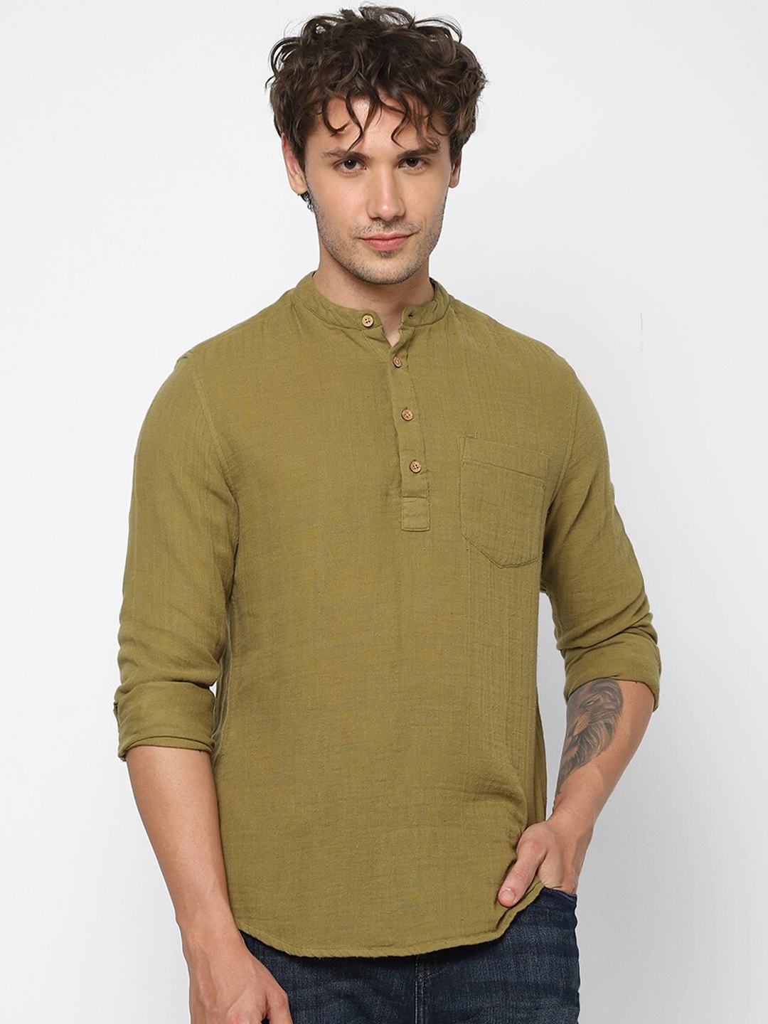 

VASTRADO Mandarin Collar Pure Cotton Short Kurta, Olive