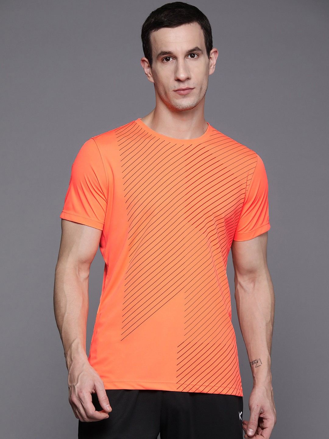 

HRX by Hrithik Roshan Striped Rapid-Dry Training T-shirt, Orange