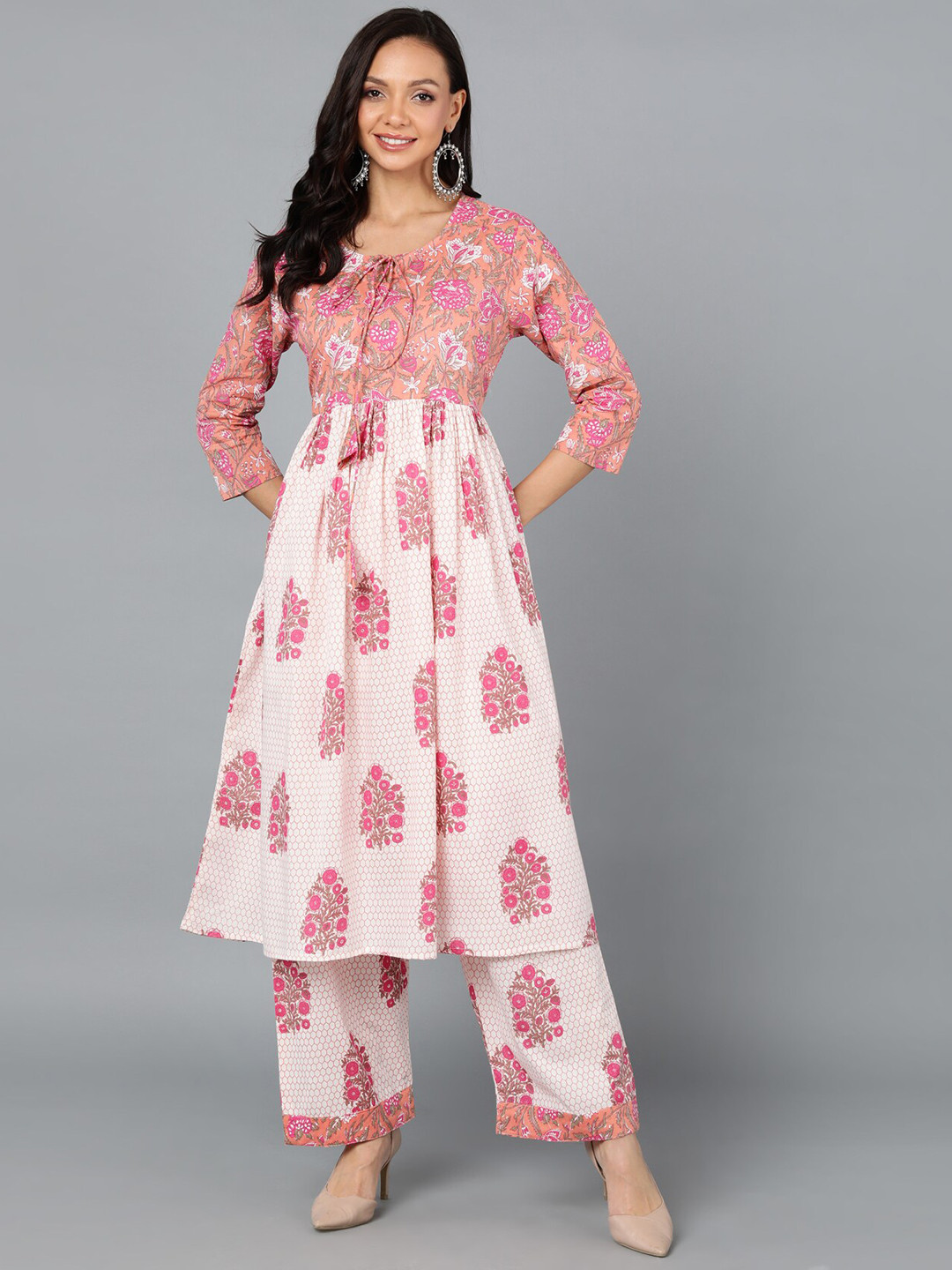 

KALINI Ethnic Motifs Printed Empire Kurta With Harem Pants, Off white