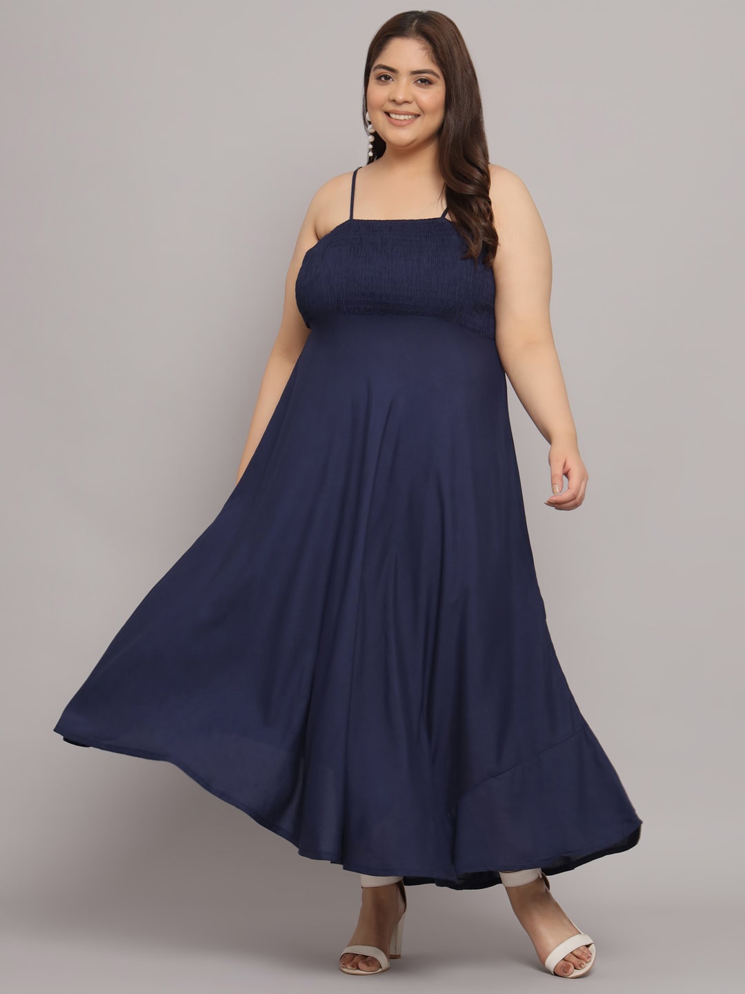 

Funday Fashion Plus Size Shoulder Straps Smocked Maxi Dress, Blue