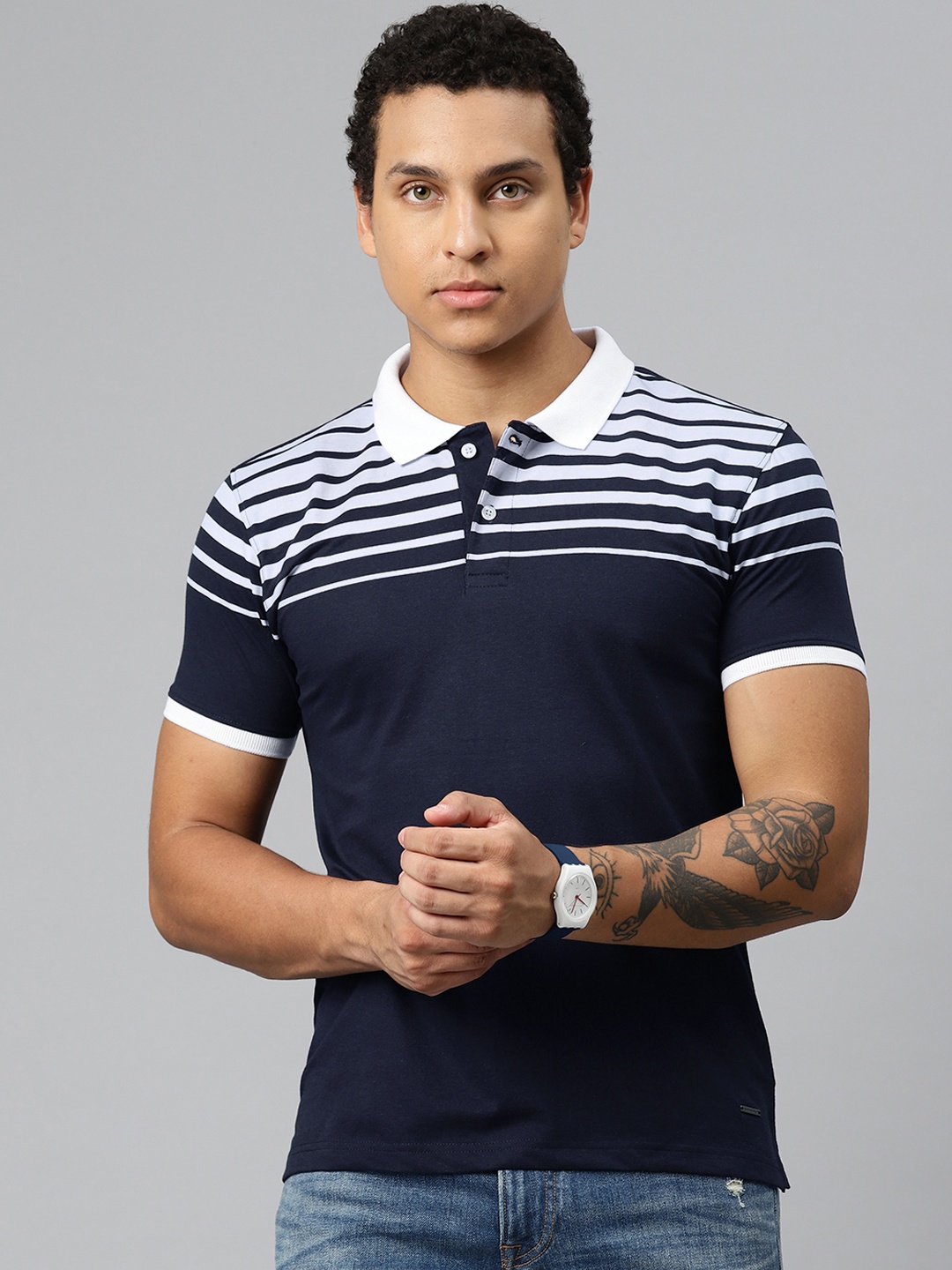 

M7 by Metronaut Striped Polo Collar T-shirt, Navy blue