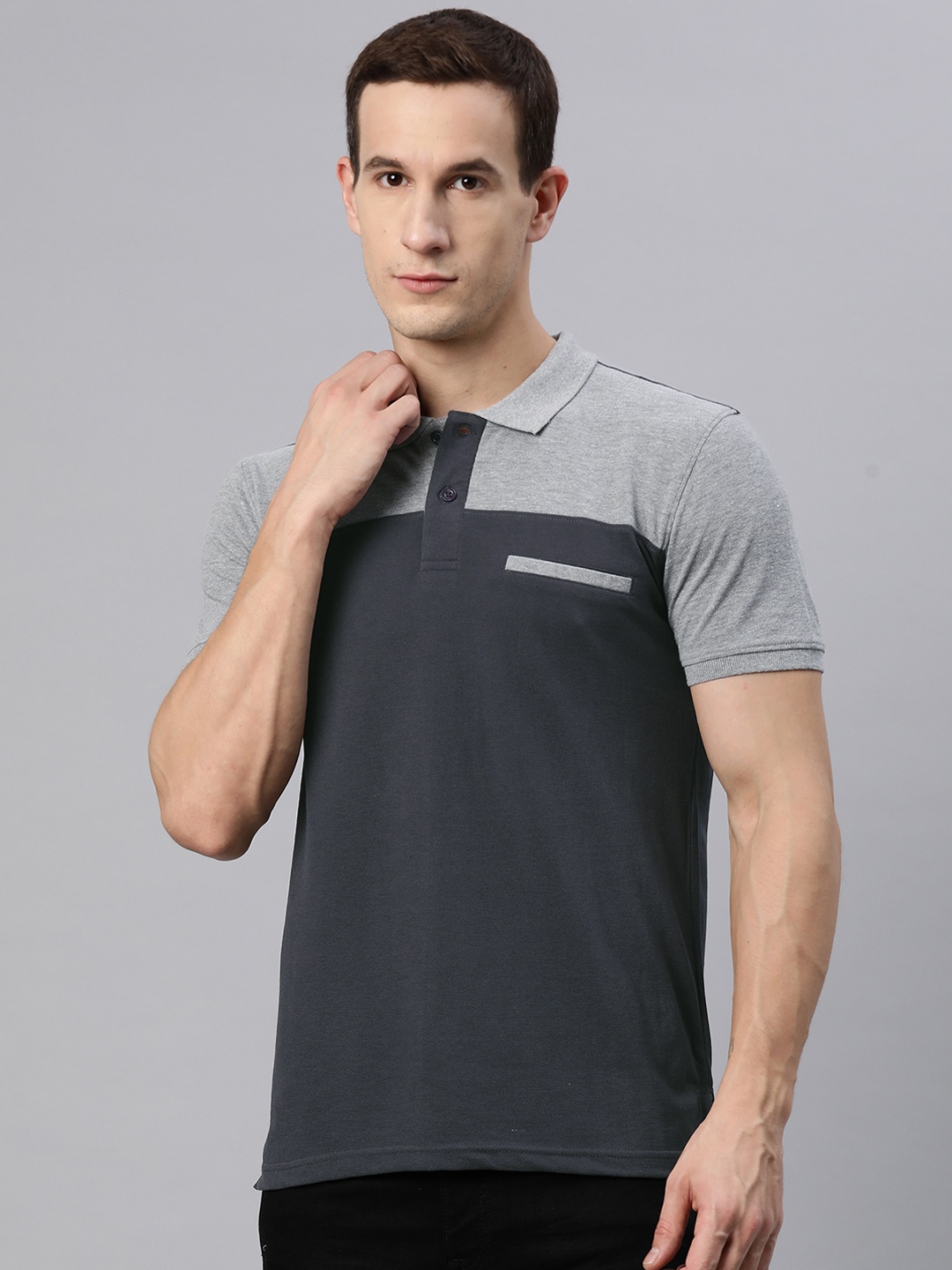 

M7 by Metronaut Men Grey Colourblocked Polo Collar T-shirt