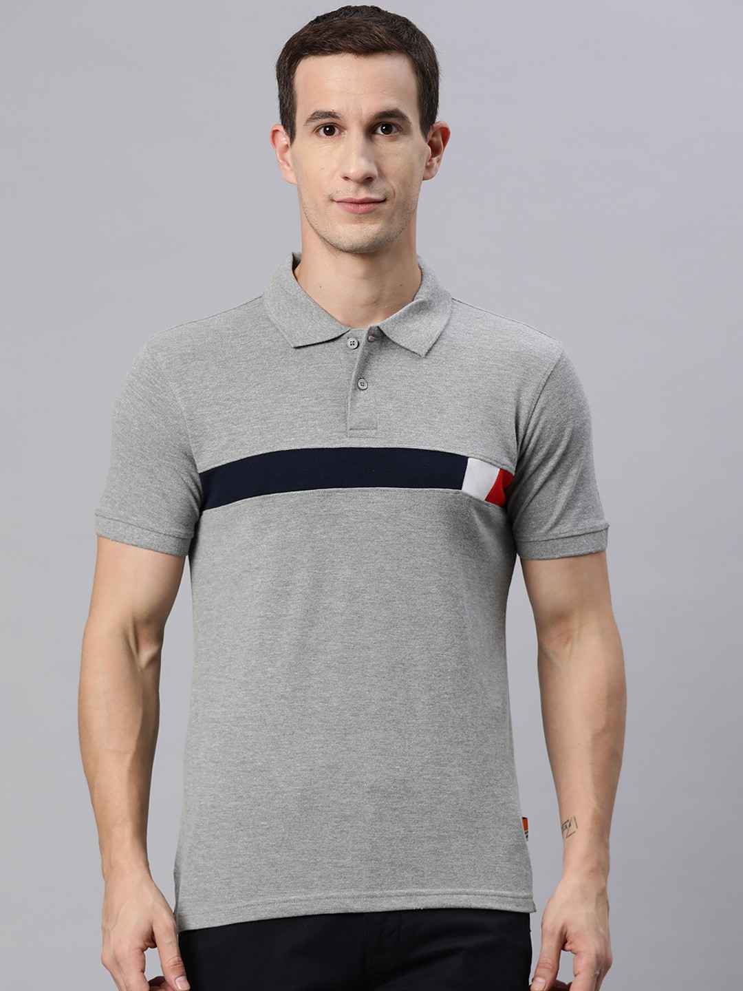 

M7 by Metronaut Men Striped Polo Collar T-shirt, Grey melange