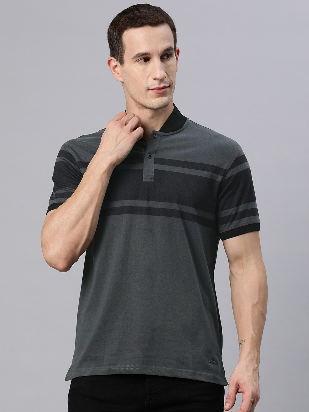 

M7 by Metronaut Men Striped Stand Collar T-shirt, Charcoal