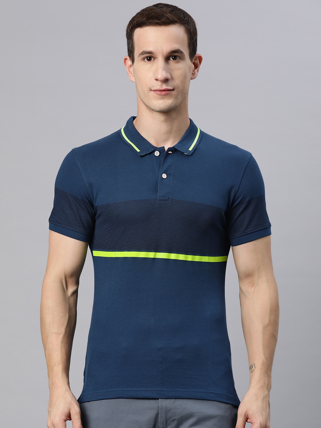 

M7 by Metronaut Men Striped Polo Collar T-shirt, Teal