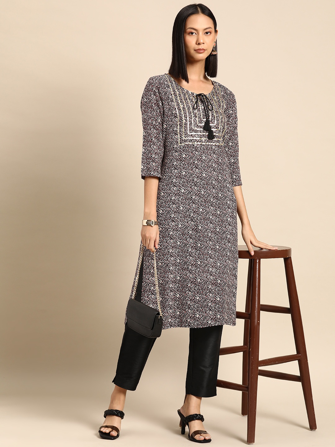 

all about you Women Printed Gotta Patti Kurta, Black