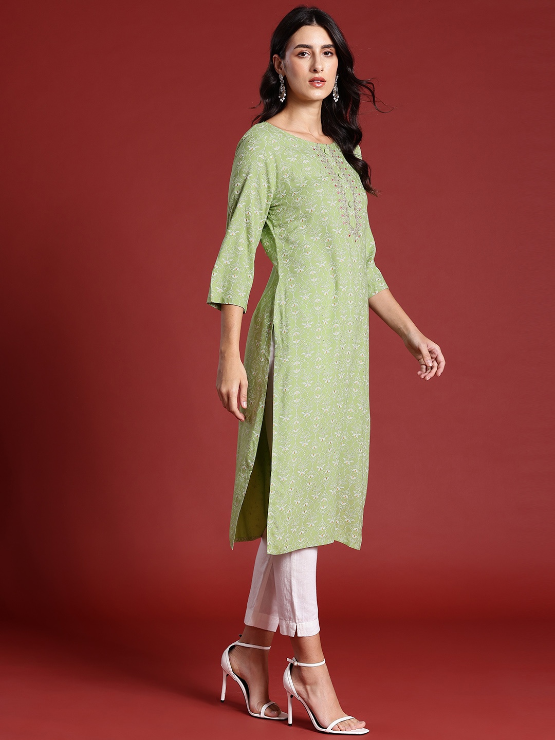 

all about you Ethnic Motifs Printed Zari Detail Yoke Design Kurta, Green