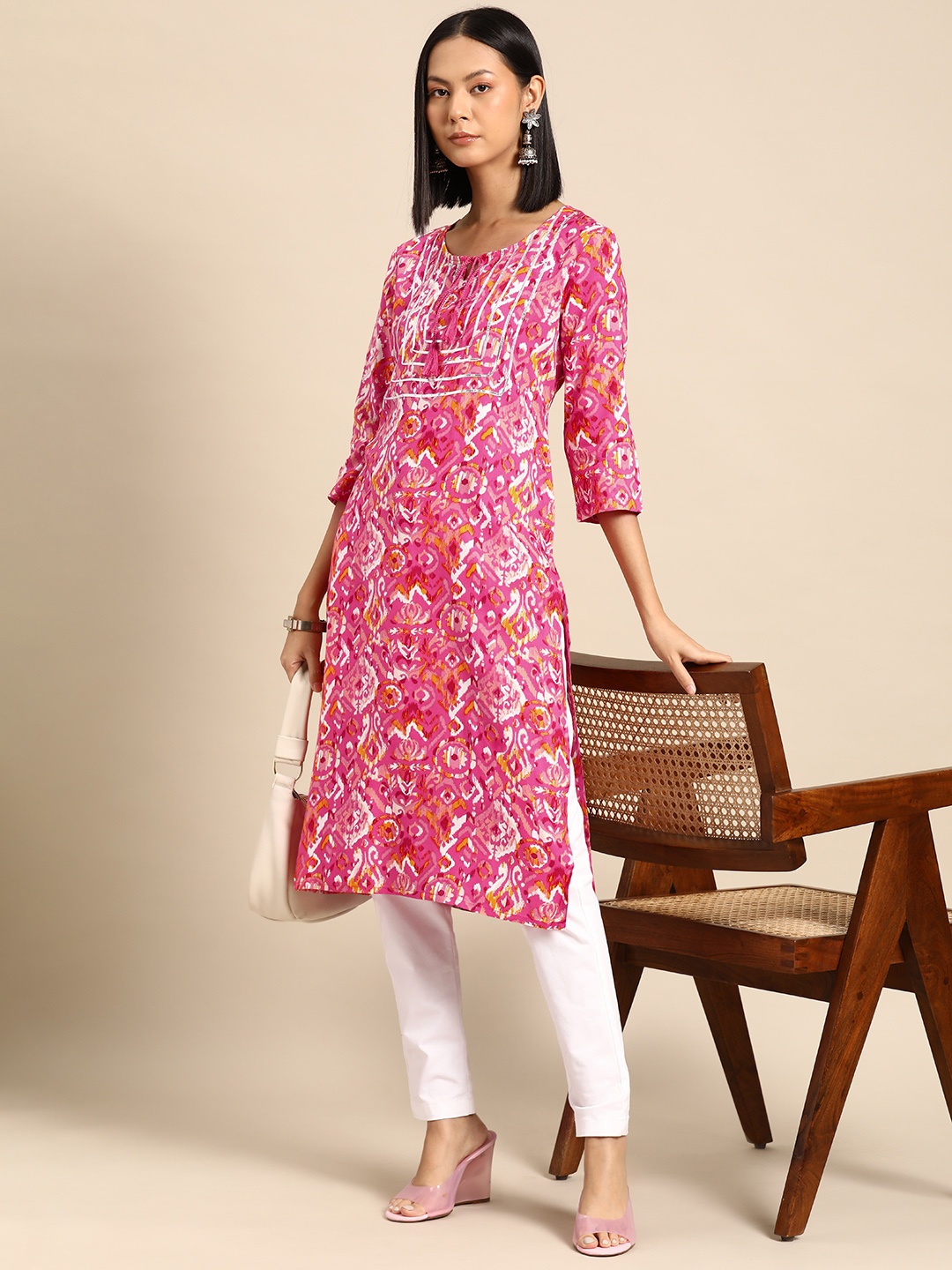 

all about you Women Bandhani Printed Gotta Patti Kurta, Pink