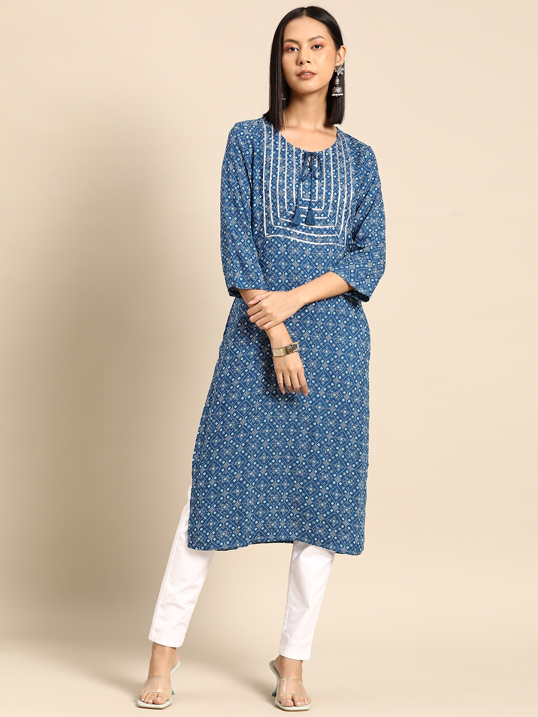 

all about you Women Geometric Printed Gotta Patti Kurta, Blue