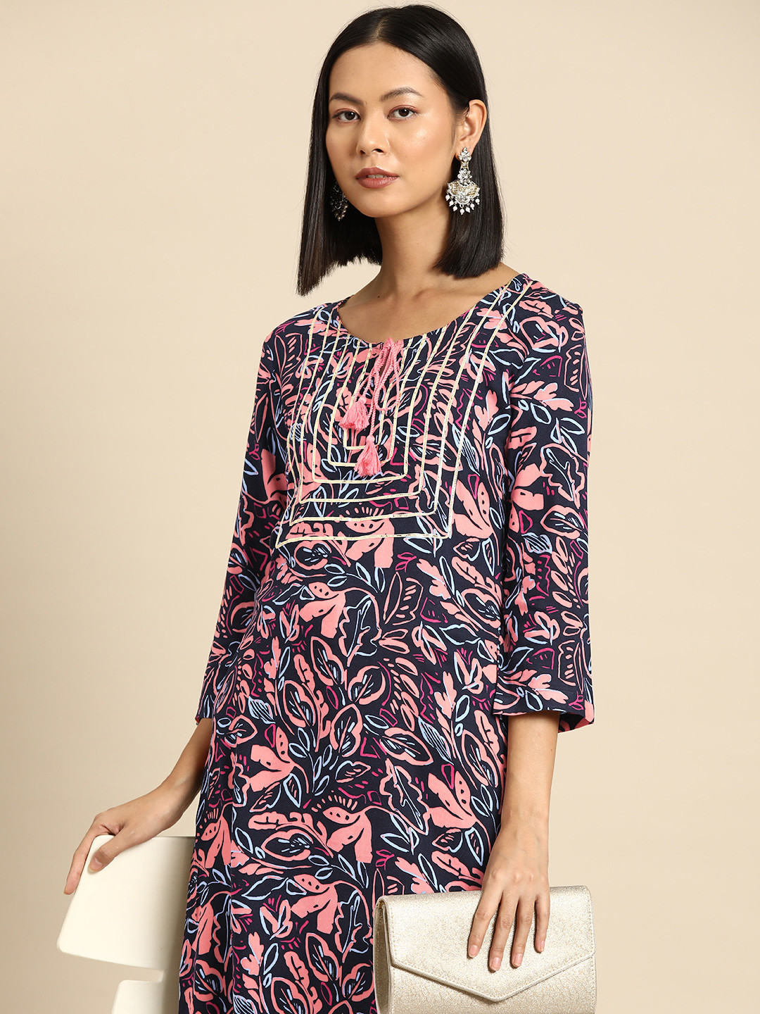 

all about you Floral Print Gotta Patti Kurta, Navy blue