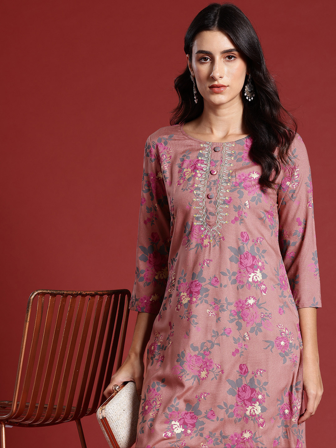 

all about you Floral Printed Zari Embroidered Detail Kurta, Rose