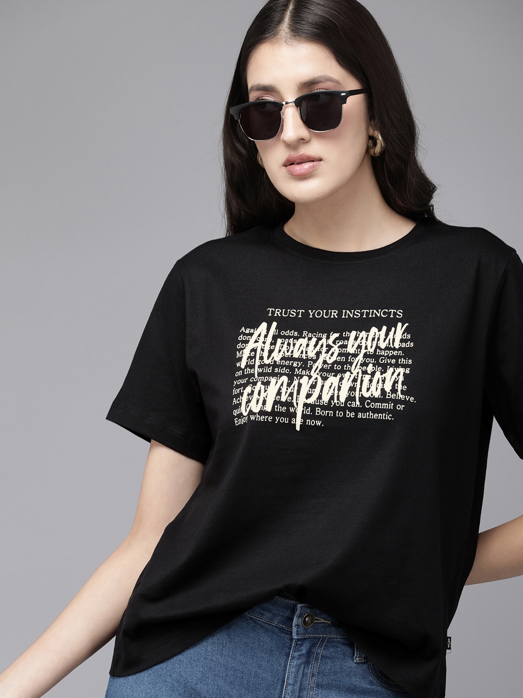 

The Roadster Life Co. Typography Printed Pure Cotton T-shirt, Black
