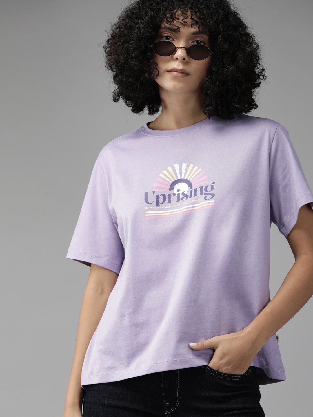 

Roadster Typography Printed Cotton Regular Fit T-shirt, Lavender