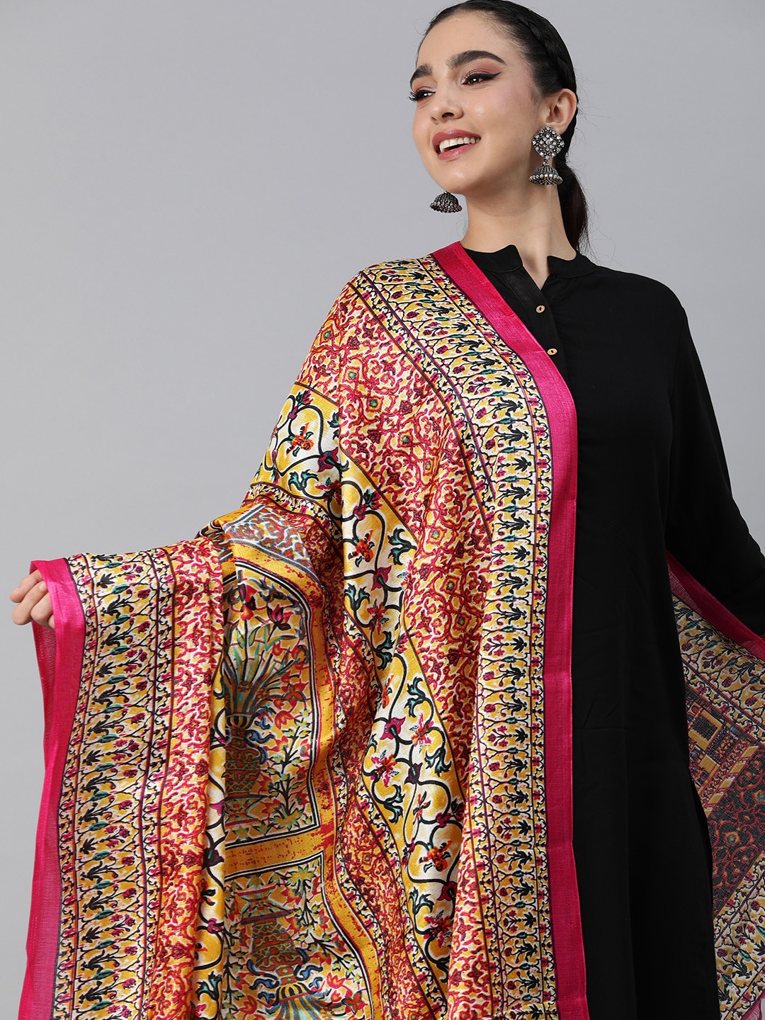 

Rani Saahiba Ethnic Motifs Printed Art Silk Dupatta, Pink