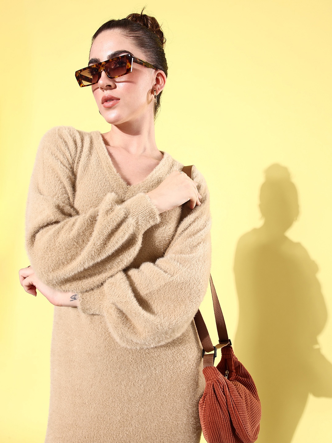 

The Roadster Lifestyle Co. Fuzzy Puff Sleeve Midi Jumper Dress, Beige