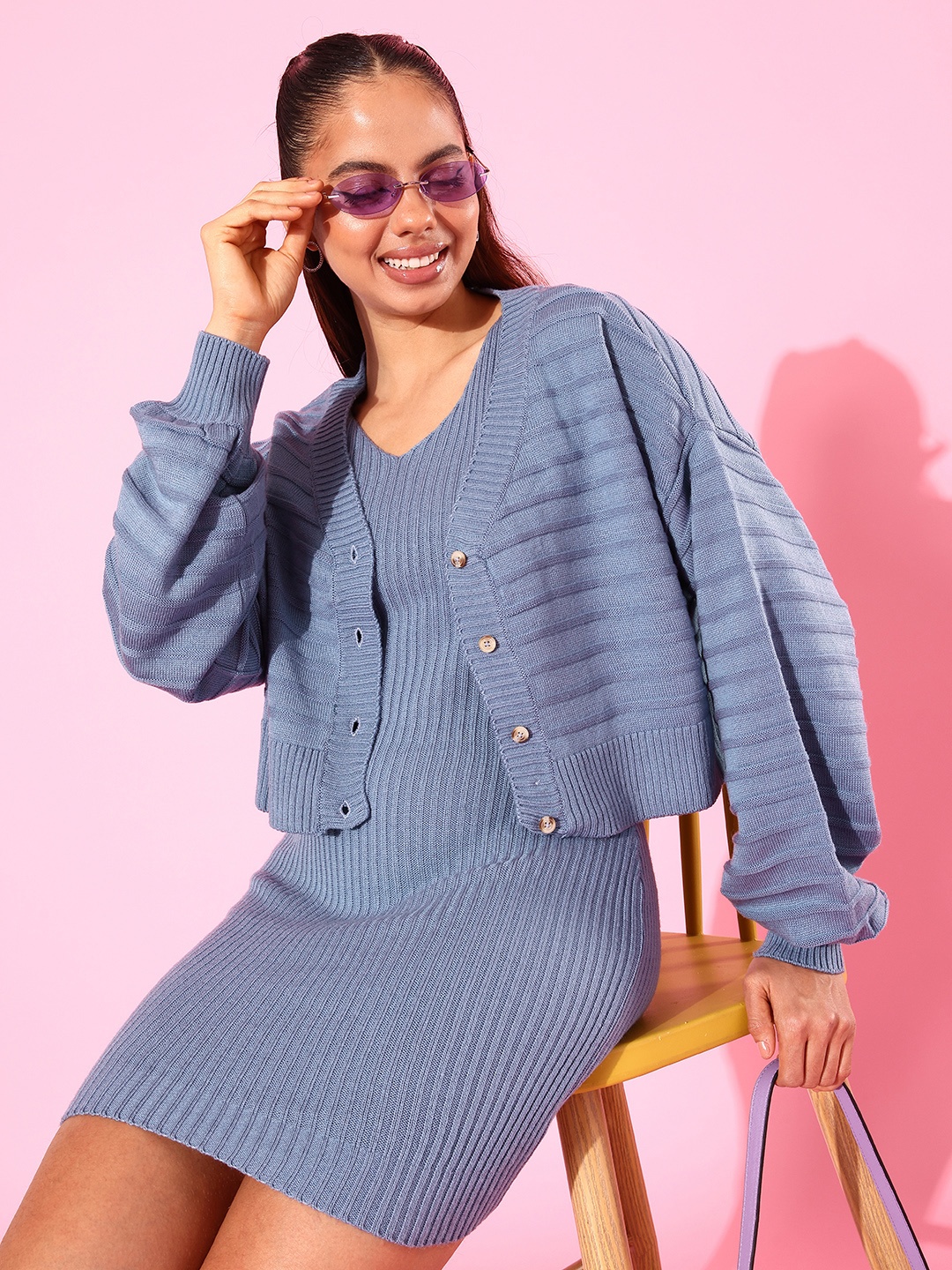 

Roadster Powder Blue Winter Pairables Bodycon Mini Dress with Cardigan