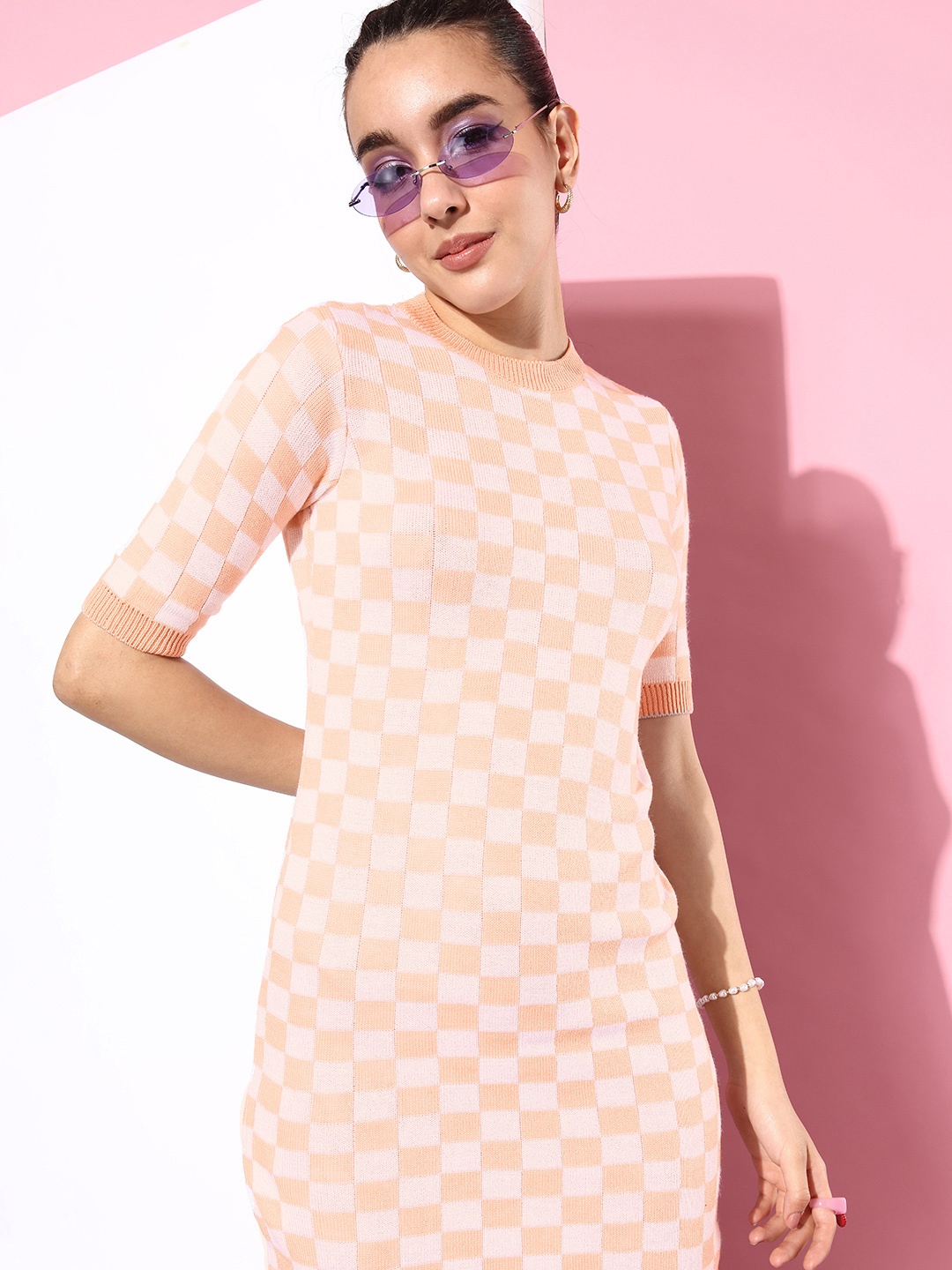 

The Roadster Life Co. Checked Round-Neck Jumper Dress, Peach