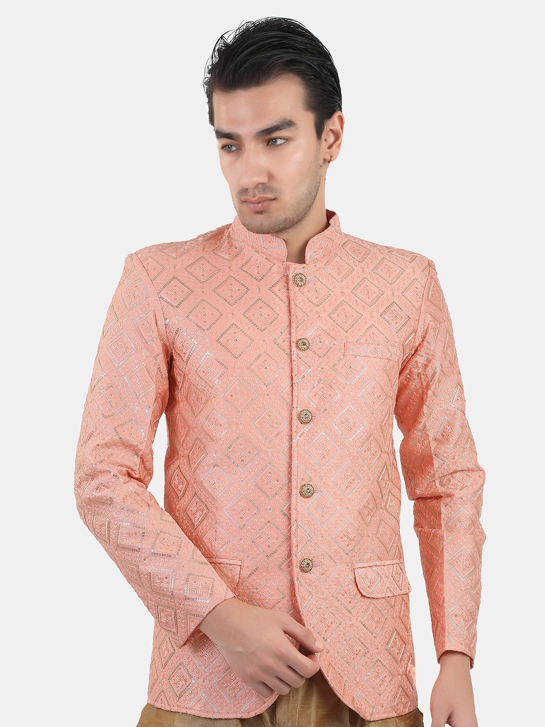

Avaeta Embroidered Mandarin Collar Silk Bandhgala Blazer, Peach