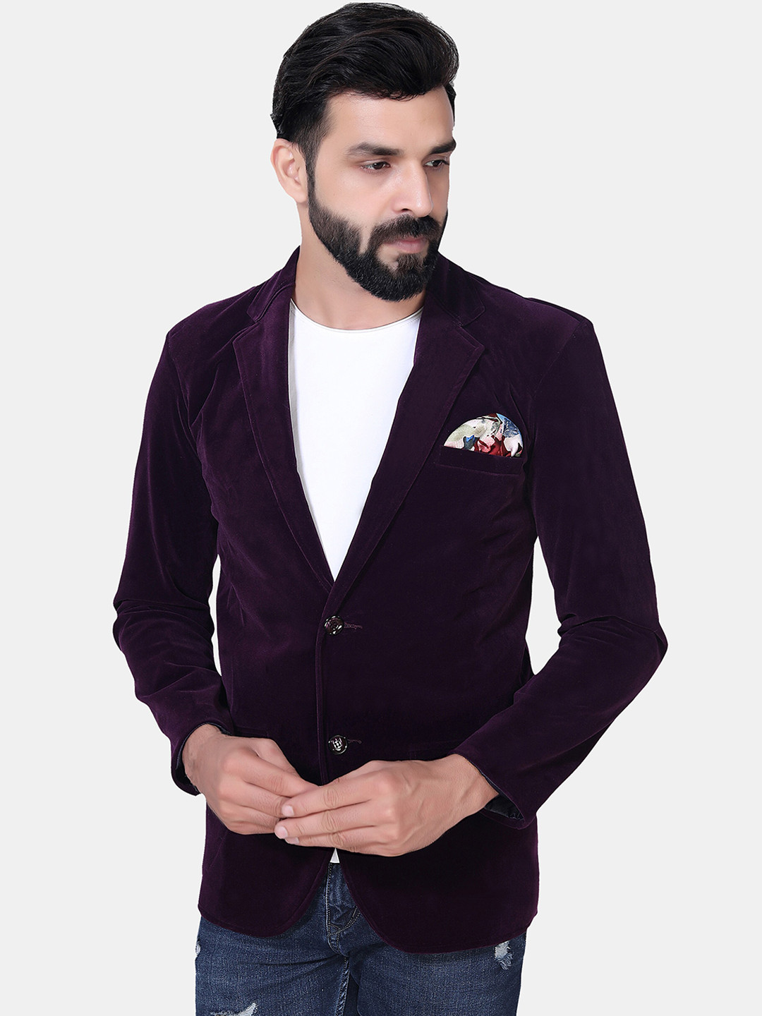 

Avaeta Notched Lapel Double-Breasted Velvet Blazer, Purple