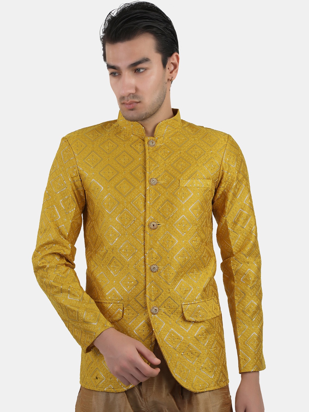 

Avaeta Embroidered Mandarin Collar Silk Bandhgala Blazer, Mustard