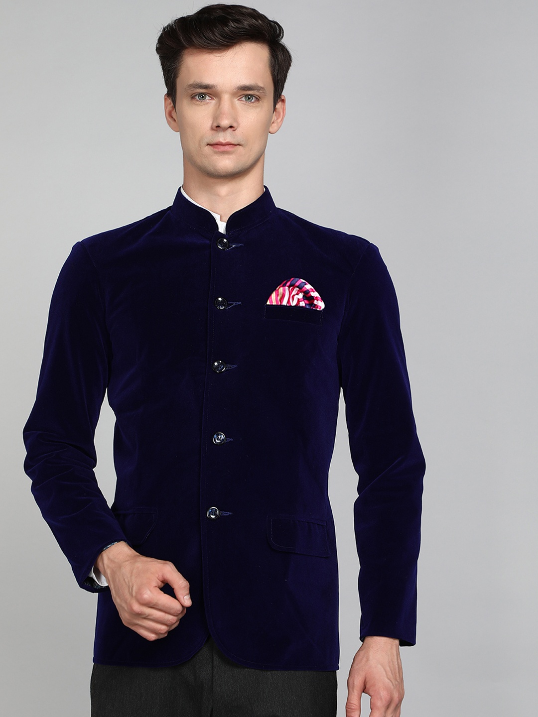 

Avaeta Mandarin Collar Velvet Bandhgala Blazer, Blue