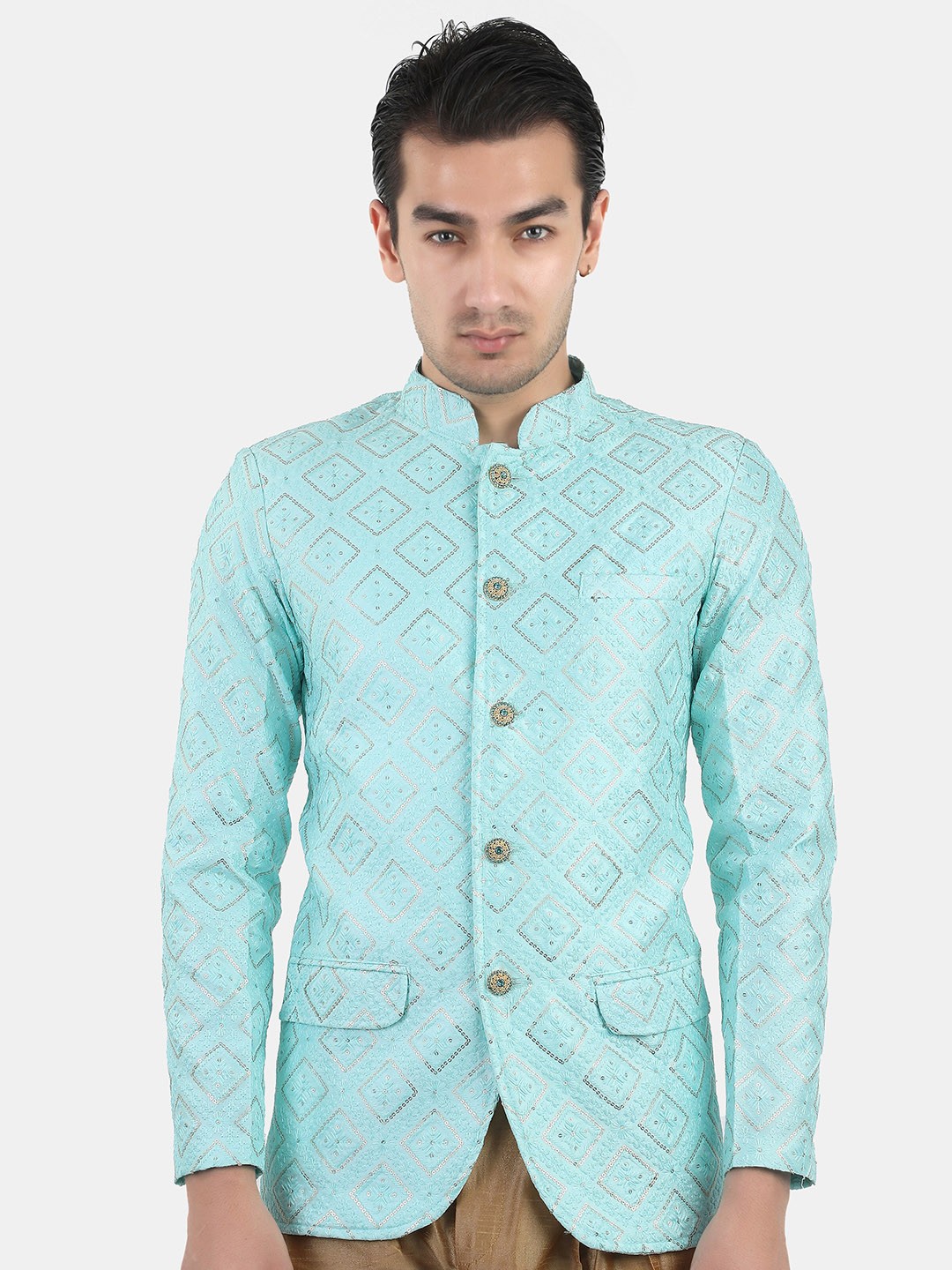 

Avaeta Embroidered Mandarin Collar Silk Bandhgala Blazer, Blue