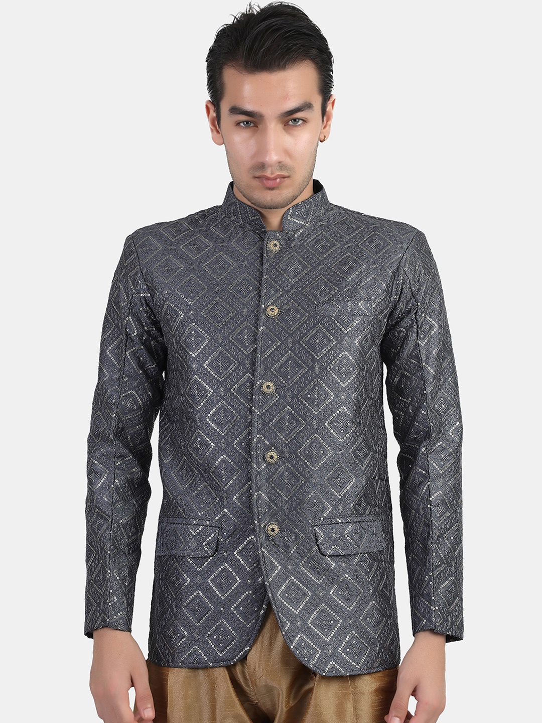 

Avaeta Embroidered Mandarin Collar Silk Bandhgala Blazer, Grey
